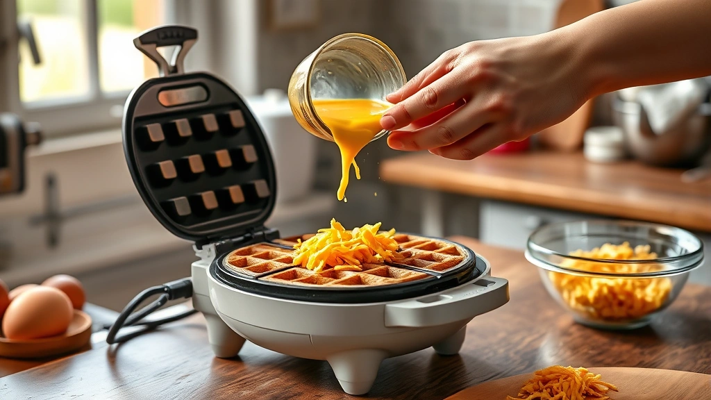 chaffle recipes -
Photorealistic hands pouring beaten egg and shredded cheddar cheese mixture int
