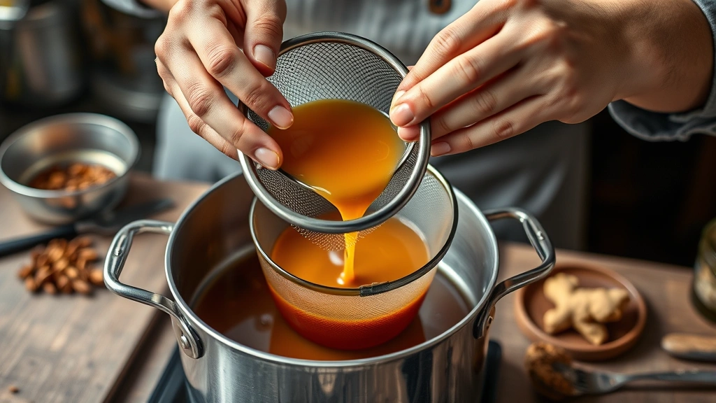 chai tea concentrate recipe -
photorealistic hands working, pouring strained chai concentrate through fine me