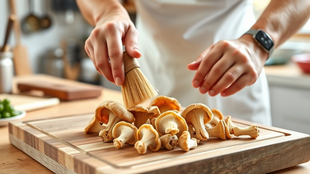 chanterelle recipes -
Photorealistic hands carefully cleaning fresh chanterelle mushrooms with a soft