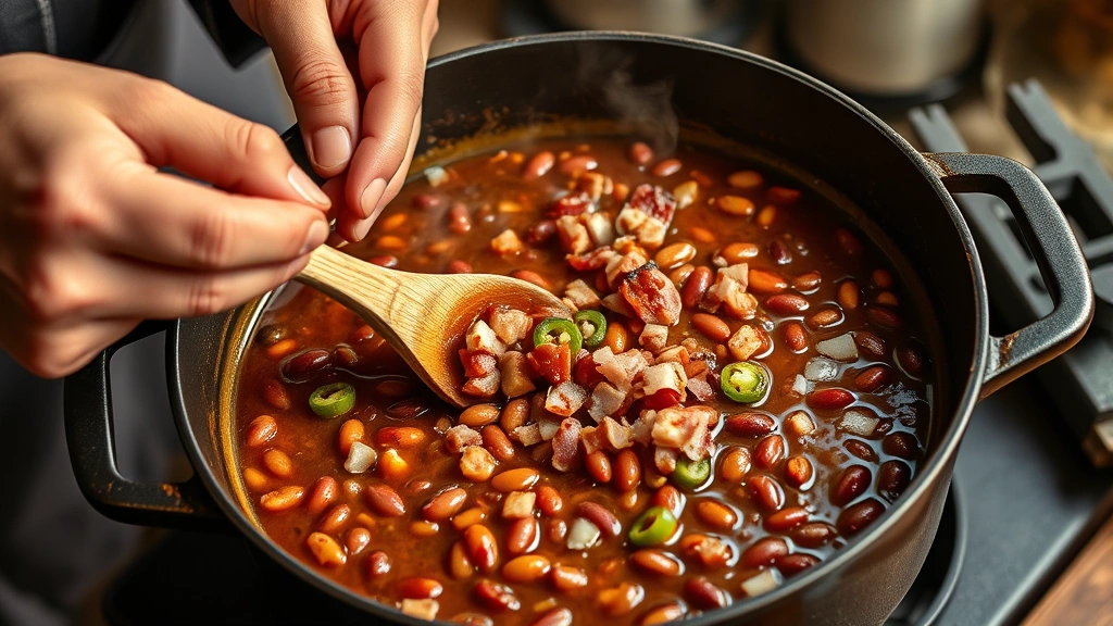 charro beans recipe -
photorealistic hands stirring pot of charro beans with wooden spoon, bacon sizz