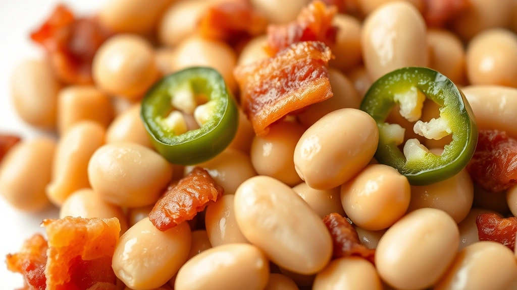 charro beans recipe -
photorealistic close-up macro shot of individual pinto beans with bacon pieces 
