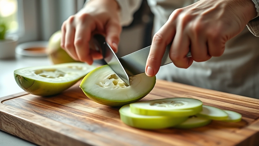 chayote squash recipes -
Photorealistic close-up of hands using a sharp chef’s knife to slice a pe