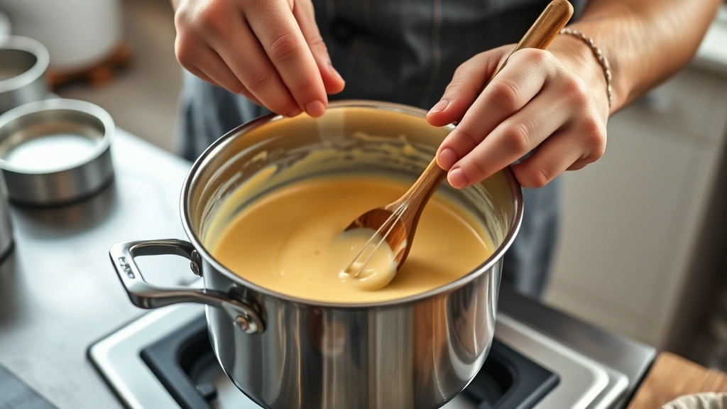 cheddar cheese sauce recipe -
photorealistic hands whisking smooth cheese sauce in stainless steel saucepan, 