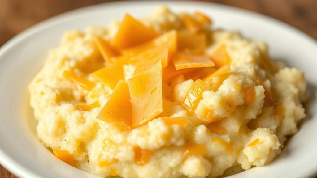 cheesy mashed potatoes recipe -
photorealistic close-up macro photography of melted sharp cheddar cheese mixed