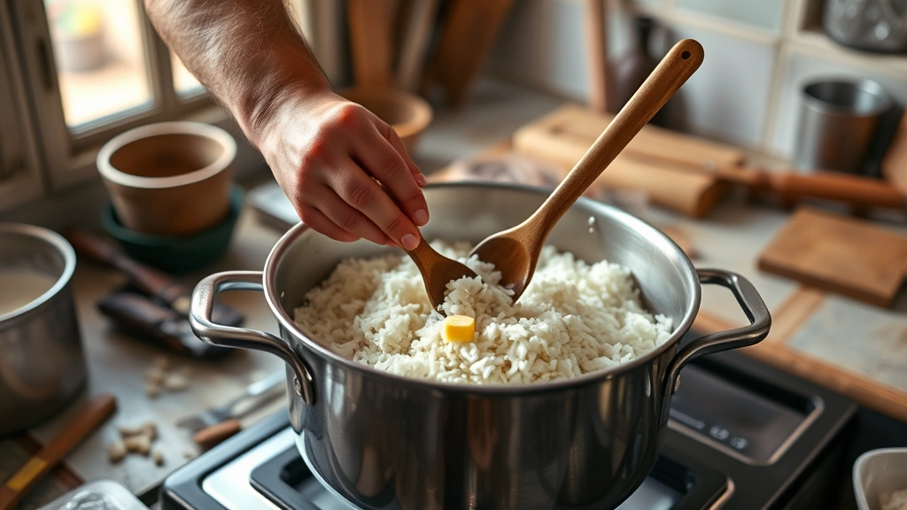 cheesy rice recipe -
Photorealistic hands stirring rice in a heavy-bottomed pot over medium heat, bu