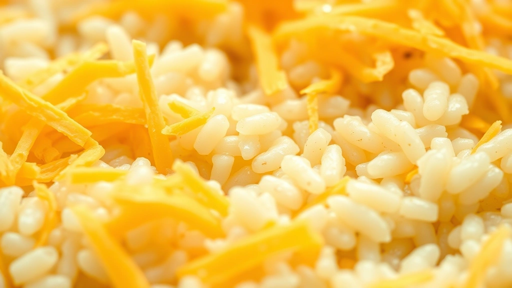 cheesy rice recipe -
Photorealistic close-up macro photography of freshly shredded sharp cheddar che