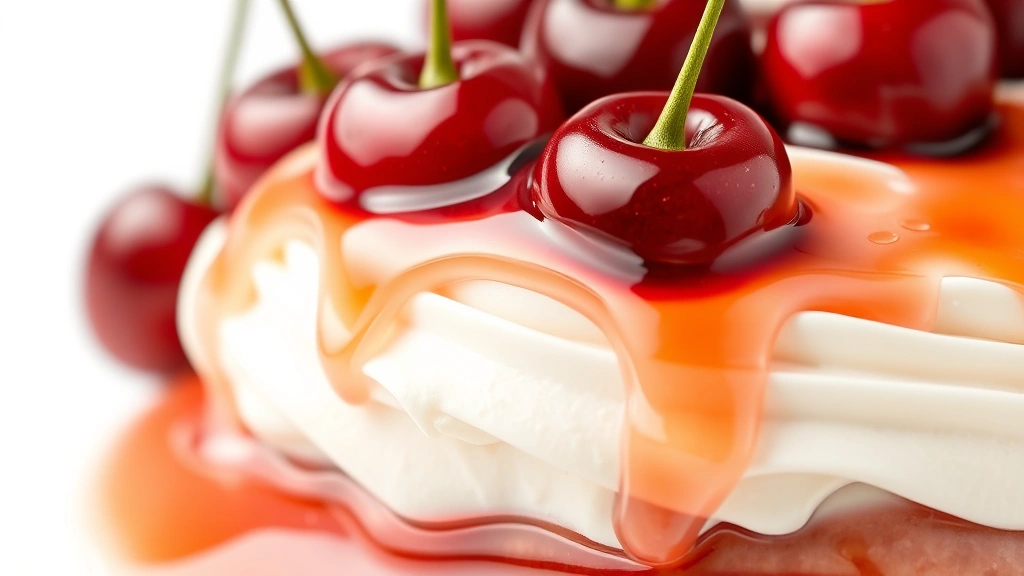 cherry delight recipe -
Photorealistic macro close-up of fresh cherries and syrup topping on the cream