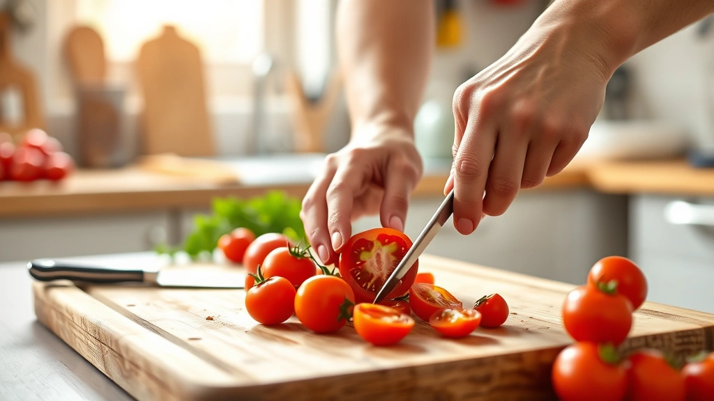 cherry tomato recipes -
Photorealistic hands halving fresh cherry tomatoes on a wooden cutting board in