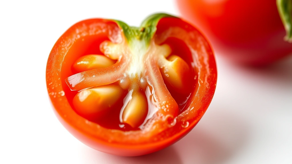 cherry tomato recipes -
Photorealistic close-up macro photography of a single halved cherry tomato show