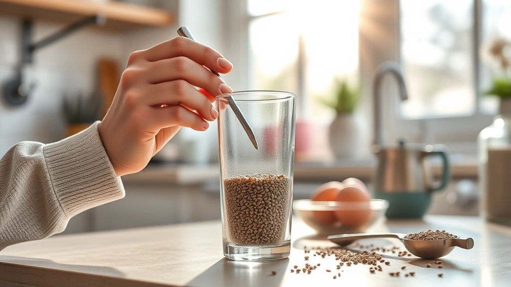 chia seed water recipe -
photorealistic hands stirring chia seeds into water glass in bright kitchen, mo