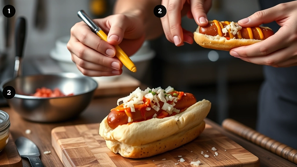 chicago style dogs recipe -
Photorealistic hands assembling a Chicago hot dog step-by-step – close-up