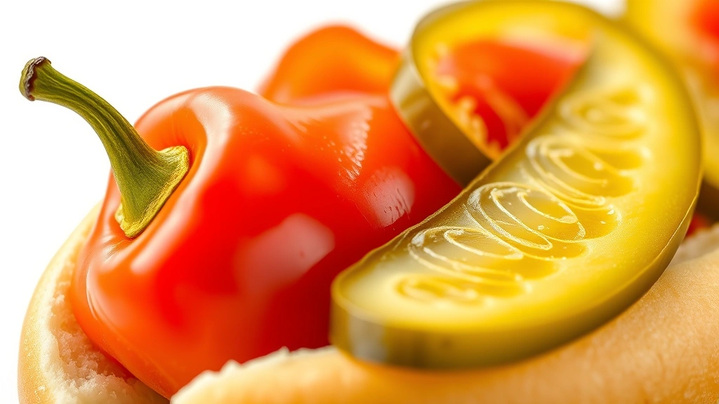 chicago style dogs recipe -
Photorealistic close-up macro photography of sport peppers and dill pickle spea