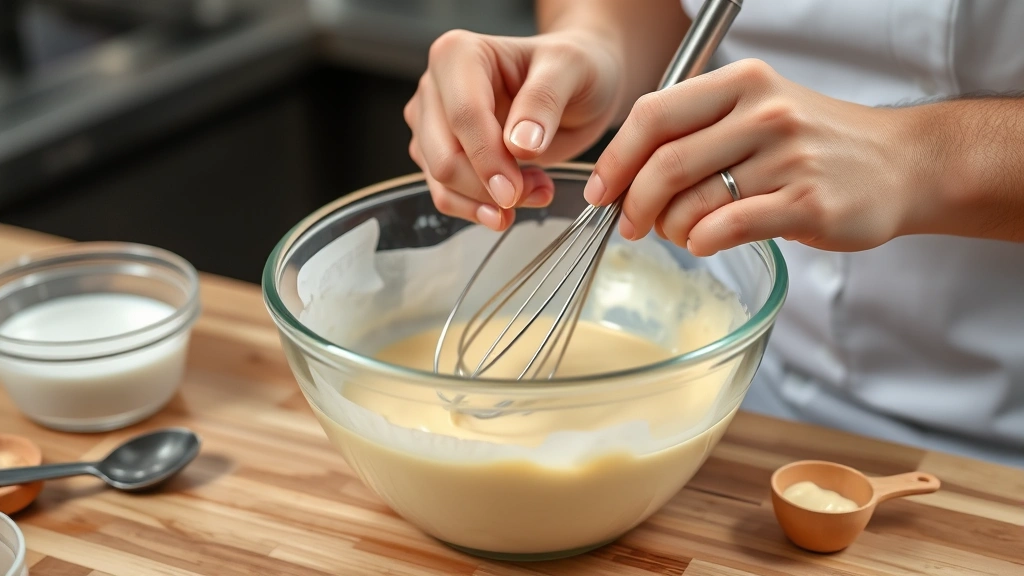 chick fil a sauce recipe -
Photorealistic hands whisking mayo-based sauce in mixing bowl, workshop kitchen