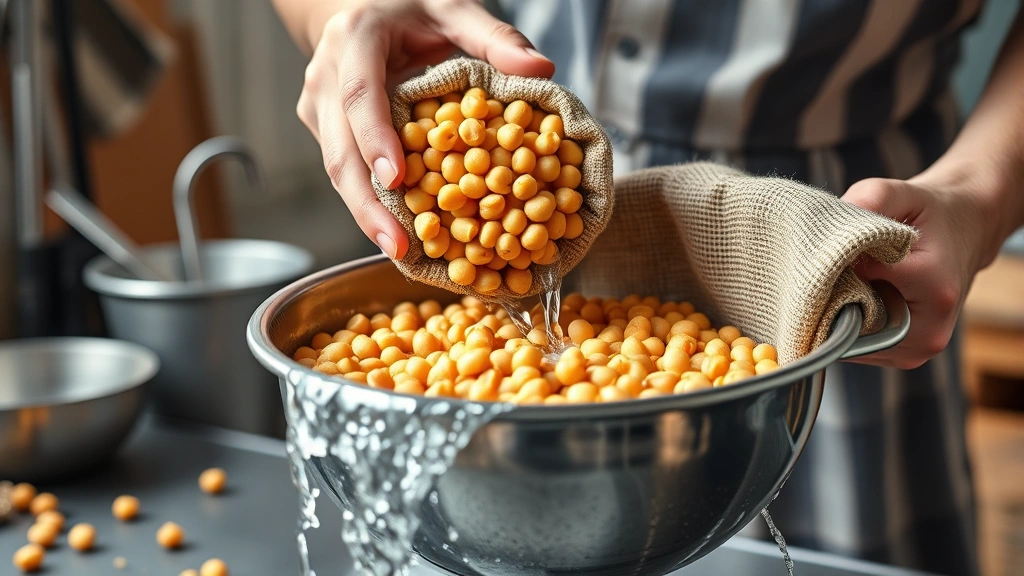 chickpeas garbanzo beans recipe -
Photorealistic hands scooping dried chickpeas from a burlap sack into a stainle