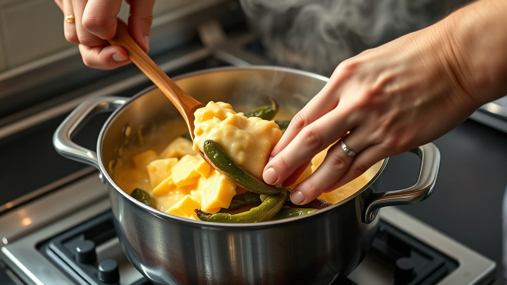 chile con queso recipes -
Photorealistic hands using a wooden spoon to stir melted cheese and roasted gre