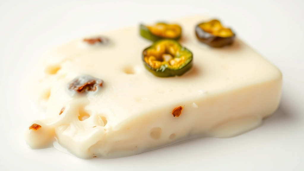 chile con queso recipes -
Photorealistic close-up macro shot of melted Oaxaca cheese with roasted poblano