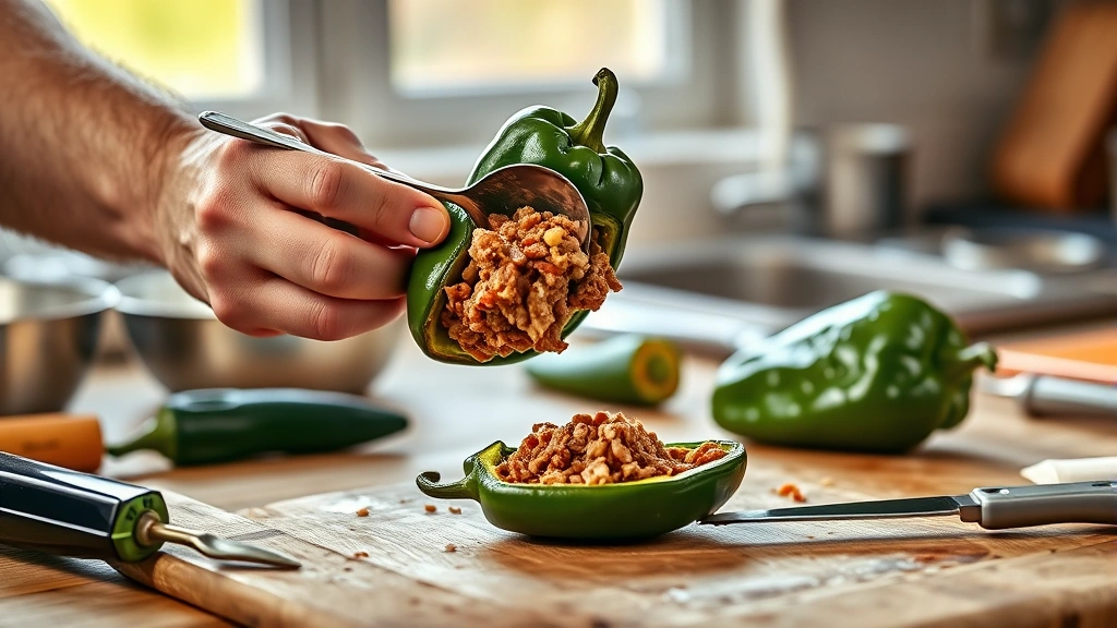 chiles en nogada recipe -
Photorealistic hands carefully stuffing roasted poblano pepper with meat fillin