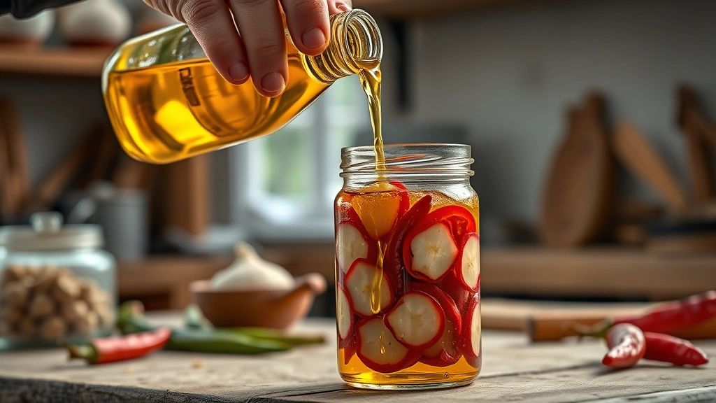 chilli oil recipe -
Photorealistic hands carefully pouring golden oil into a glass jar containing s
