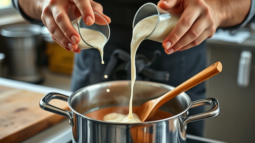 chinese brown sauce recipe -
photorealistic hands pouring cornstarch slurry into simmering sauce in a stainl