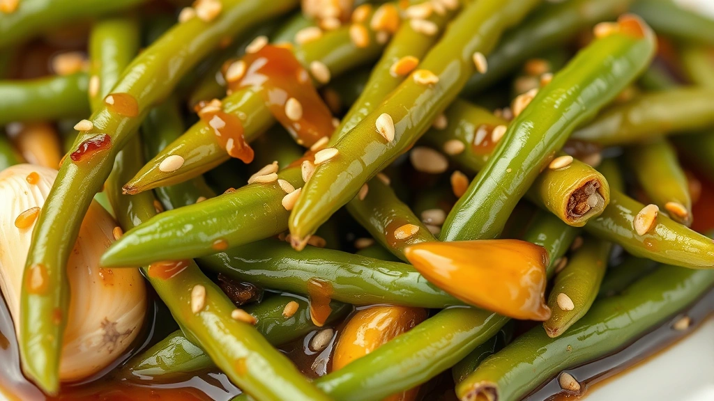 chinese string beans recipe -
photorealistic close-up macro photography of tender crispy string beans with gl