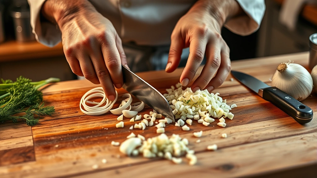 chipotle black beans recipe -
Photorealistic hands dicing onions and mincing garlic on a wooden cutting board