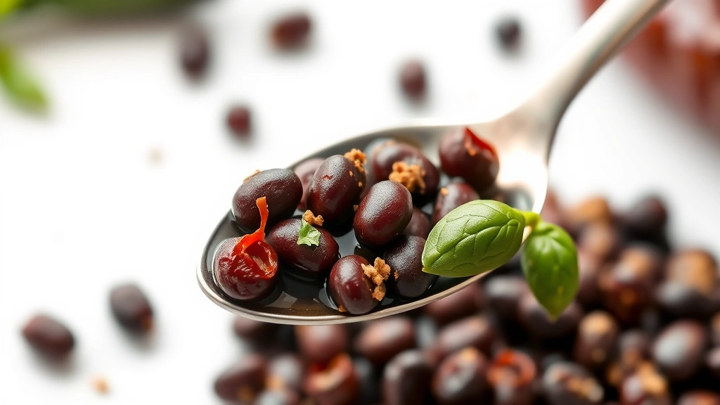chipotle black beans recipe -
Photorealistic close-up macro shot of a spoonful of chipotle black beans with v