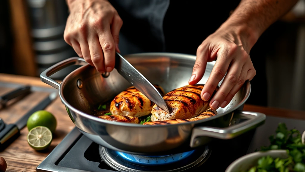 chipotle bowl recipe -
Photorealistic hands slicing grilled chicken breast in a hot stainless steel sk