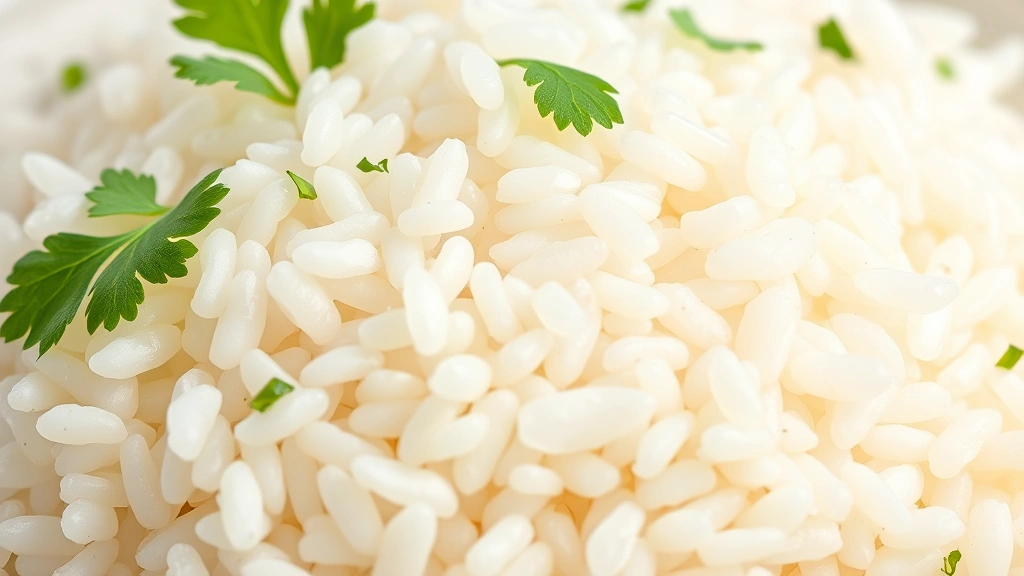 chipotle bowl recipe -
Photorealistic close-up macro shot of perfectly fluffy jasmine rice grains with