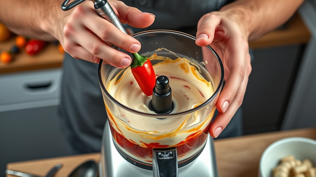 chipotle crema recipe -
Photorealistic hands blending chipotle peppers and cream in a food processor, w