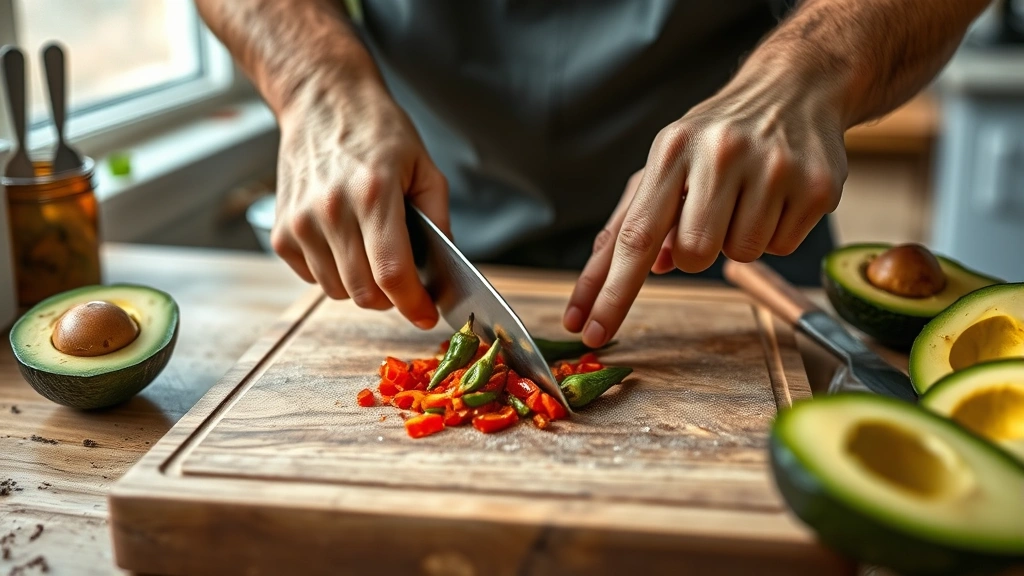 chipotle guac recipe -
photorealistic hands mincing chipotle peppers on a wooden cutting board with av