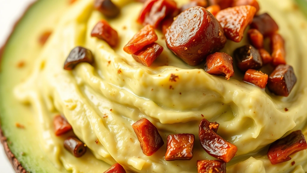 chipotle guac recipe -
photorealistic close-up macro shot of creamy avocado texture with smoky chipotl