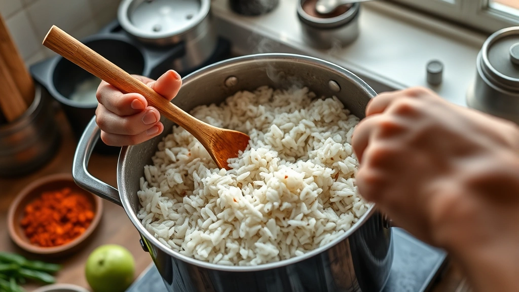 chipotle lime rice recipe -
Photorealistic hands stirring cooked rice in saucepan with wooden spoon, minced
