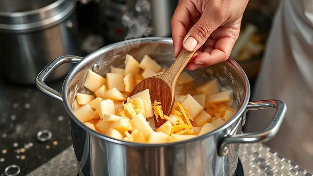 chipotle queso recipe -
Photorealistic close-up of hands stirring melted cheese mixture in a heavy-bott