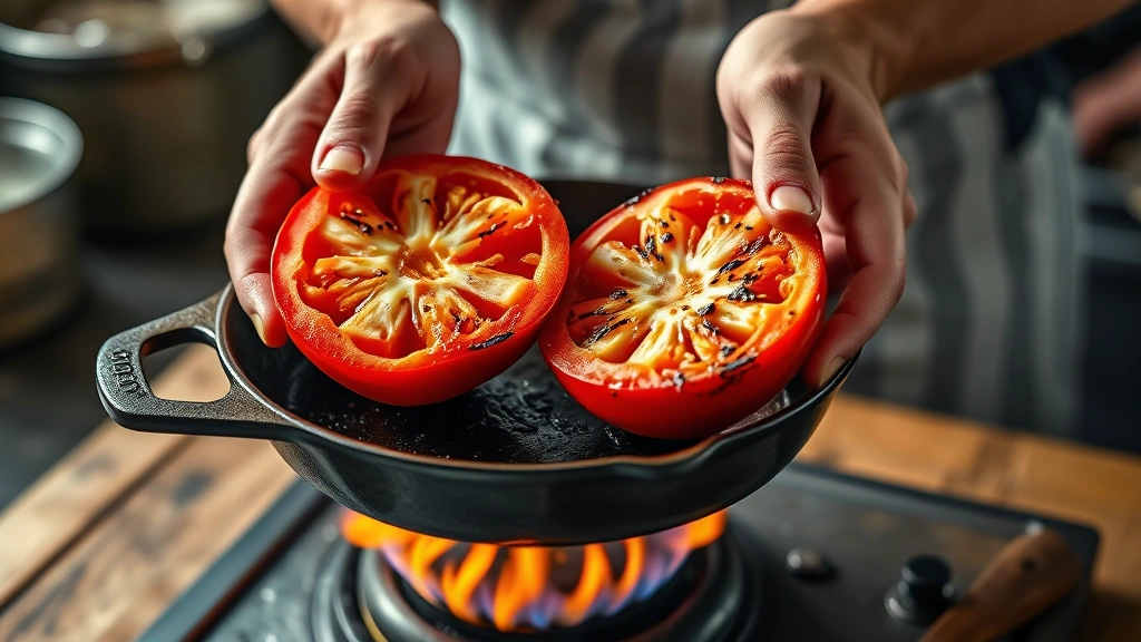 chipotle salsa recipe -
Photorealistic hands charring Roma tomato halves cut-side down on cast-iron ski