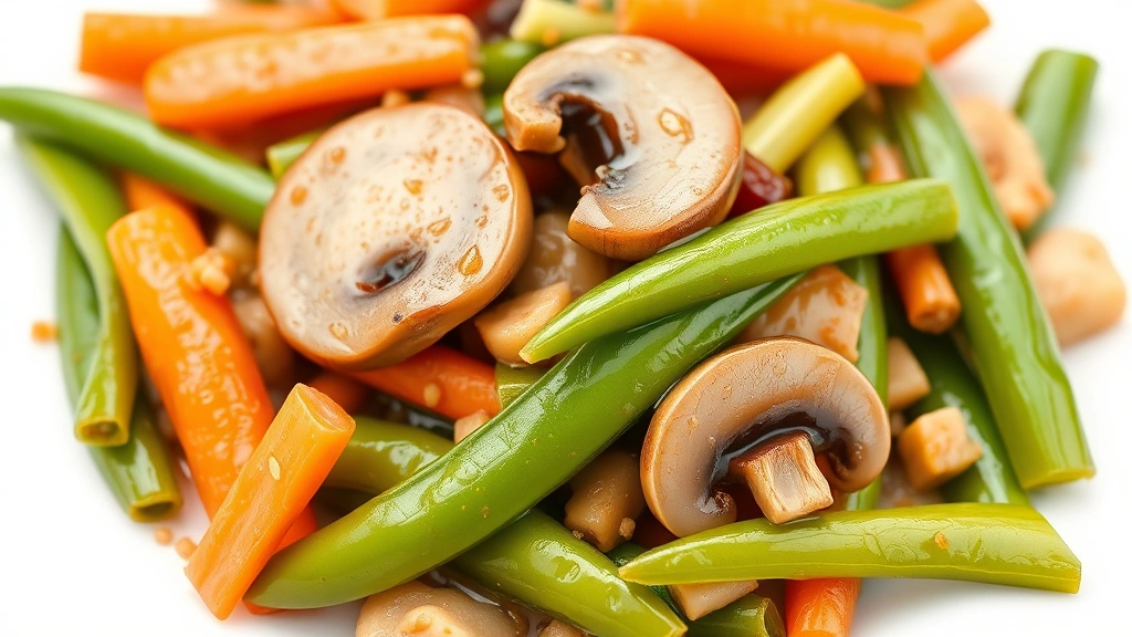 chop suey recipe -
Photorealistic close-up macro shot of mixed chop suey vegetables—carrots, celer