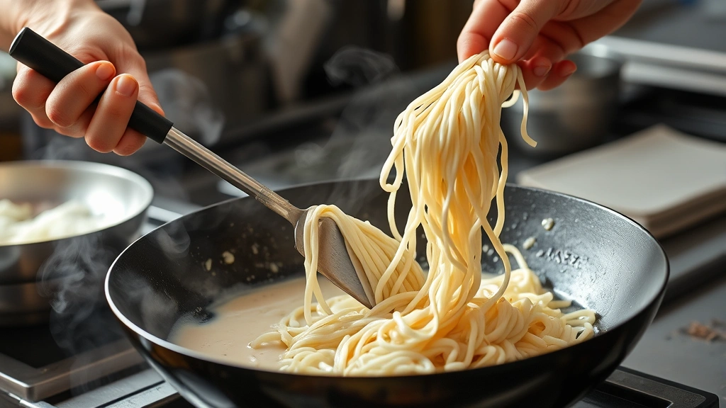 chow fun recipe -
Photorealistic hands using a wok turner to stir wide rice noodles in a hot wok,