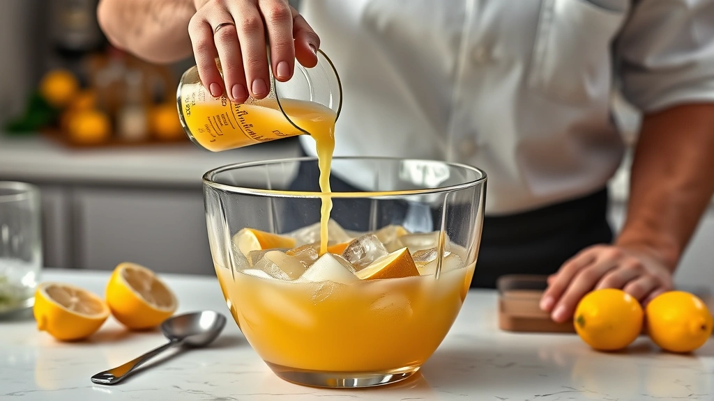 christmas punch recipes -
Photorealistic hands pouring fresh citrus juice into glass punch bowl, workshop