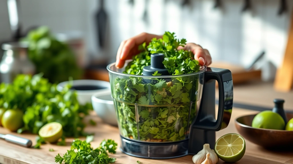 cilantro sauce recipe -
Photorealistic hands blending fresh cilantro and ingredients in a food processo