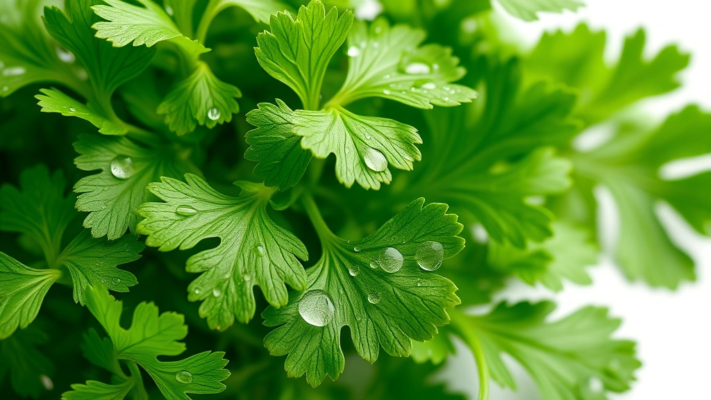 cilantro sauce recipe -
Photorealistic close-up macro photography of fresh cilantro leaves with water d