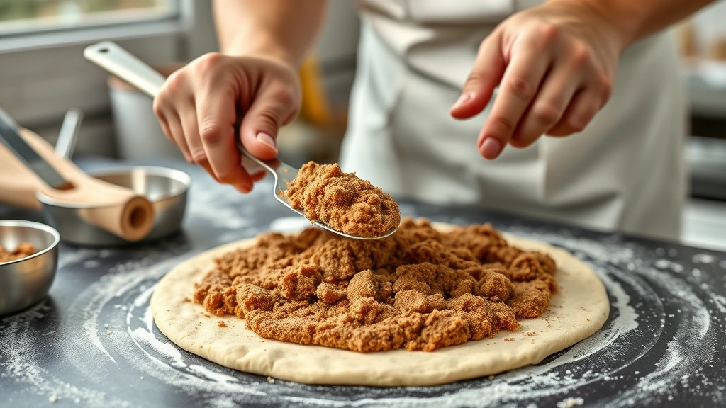 cinnamon roll filling recipe -
Photorealistic hands spreading brown cinnamon sugar filling mixture onto rolled