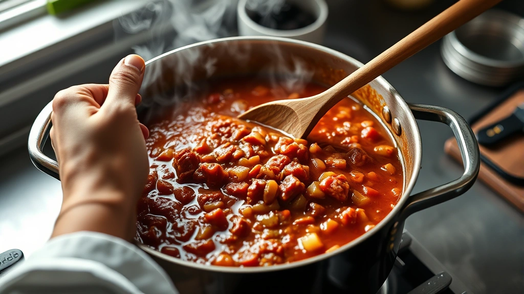 classic bolognese recipe italian -
photorealistic hands stirring a large pot of simmering bolognese sauce with woo