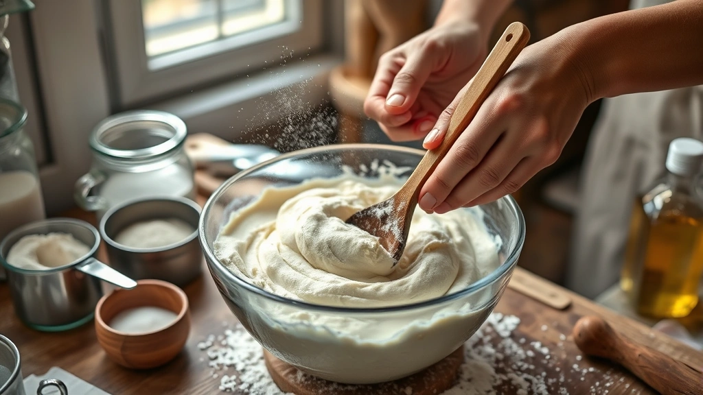 cloud dough recipe -
Photorealistic hands actively mixing cloud dough in a ceramic mixing bowl with