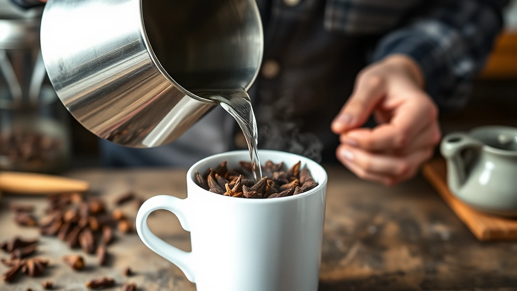 clove tea recipe -
Photorealistic close-up of hands pouring hot water from kettle over whole clove
