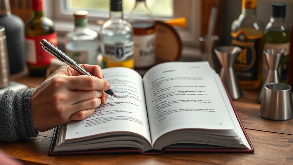 cocktail recipe book -
photorealistic hands writing in an open cocktail recipe book with pen, measurin