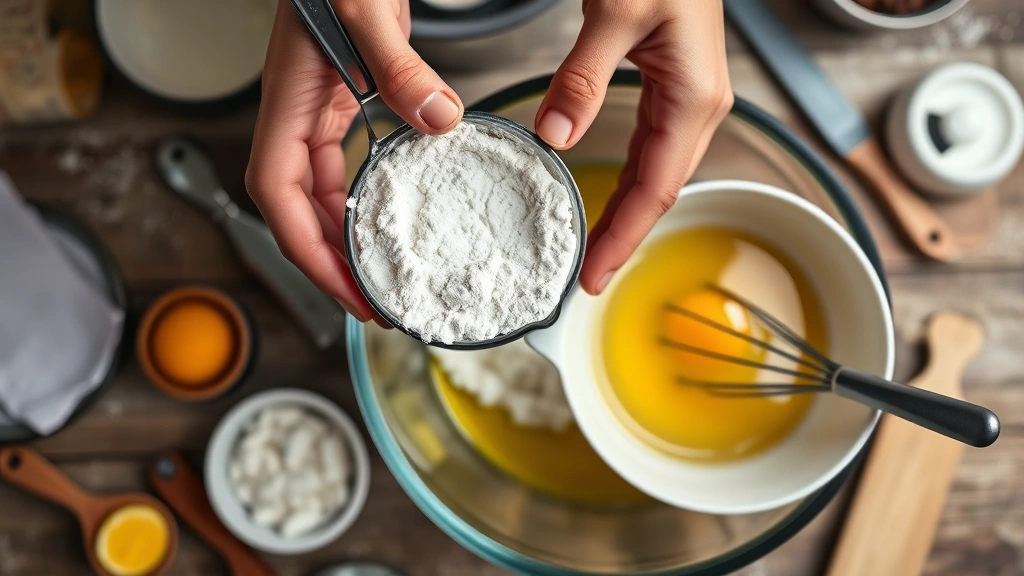 coconut flour recipes -
photorealistic hands measuring coconut flour into mixing bowl with measuring cu