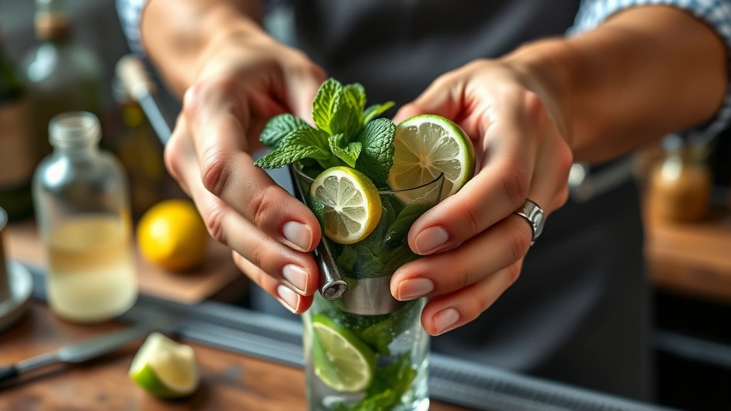coconut mojito recipe -
photorealistic hands muddling fresh mint leaves and lime wedges in cocktail sha