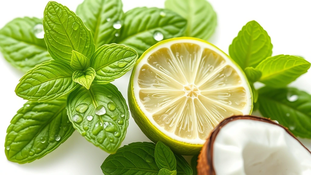 coconut mojito recipe -
photorealistic close-up macro shot of fresh mint leaves with water droplets, li