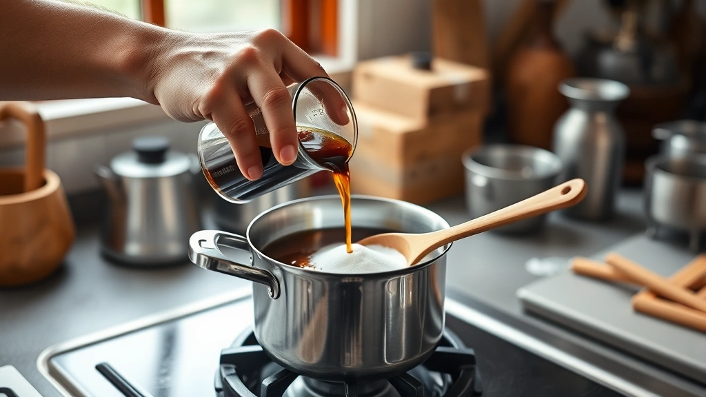 coffee syrup recipe -
photorealistic hands pouring brewed coffee into saucepan with sugar, medium hea