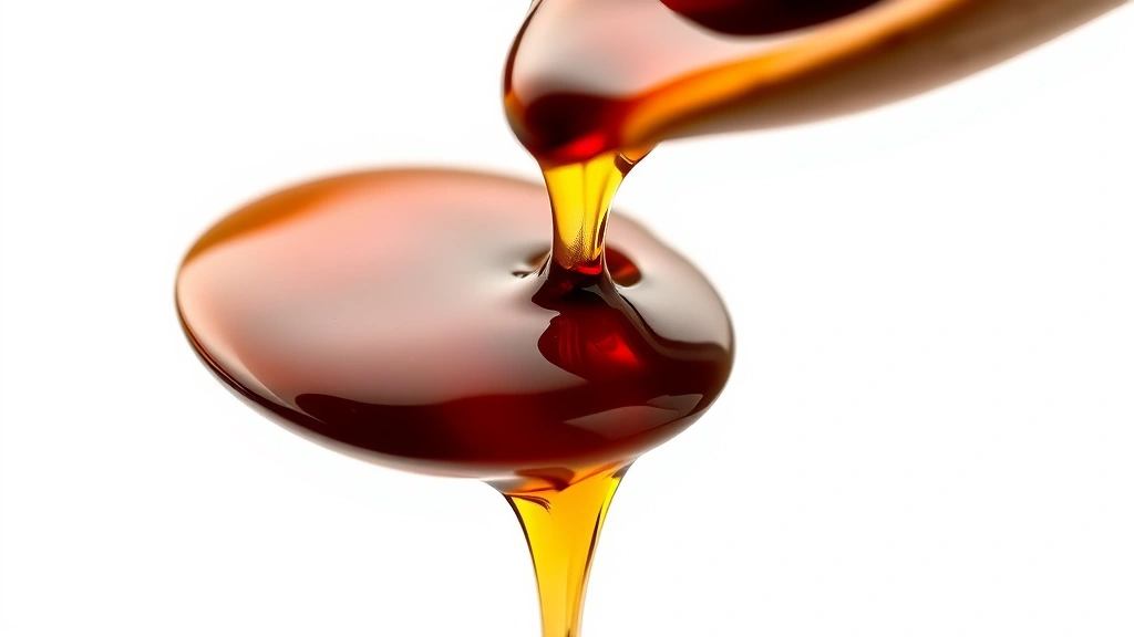 coffee syrup recipe -
photorealistic close-up macro shot of dark amber coffee syrup dripping from woo