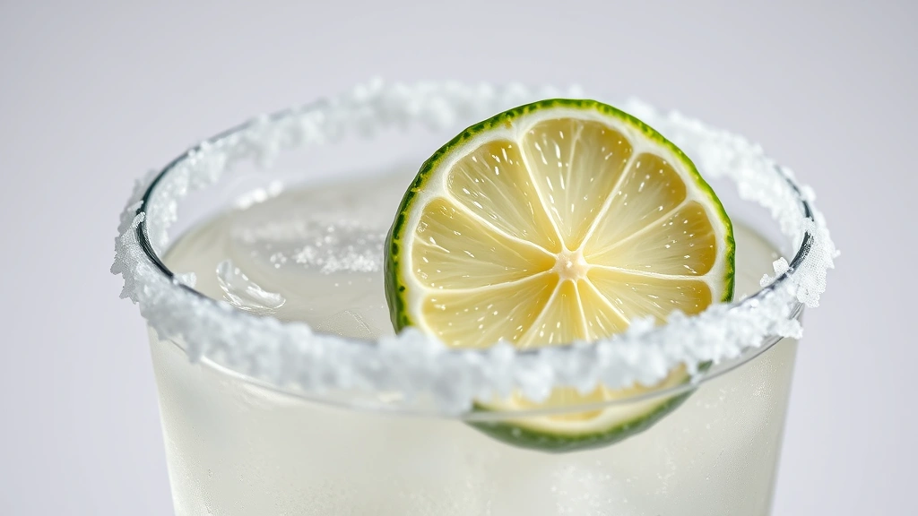 cointreau margarita recipe -
Photorealistic close-up macro photography of salt rim on margarita glass with f